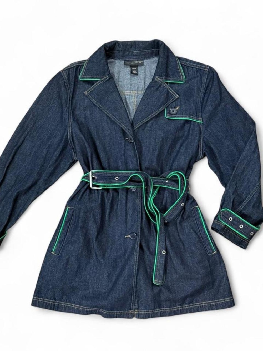 Venezia Denim Trench Coat Belted Green Piping Size 22/24